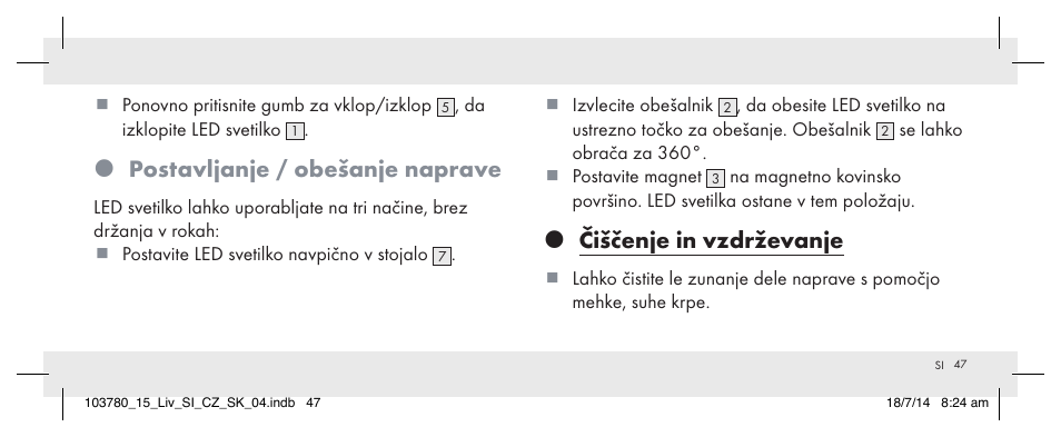 Postavljanje / obešanje naprave, Čiščenje in vzdrževanje | Livarno 103780-14-01 User Manual | Page 47 / 88