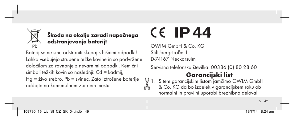 Garancijski list | Livarno 103780-14-01 User Manual | Page 49 / 88