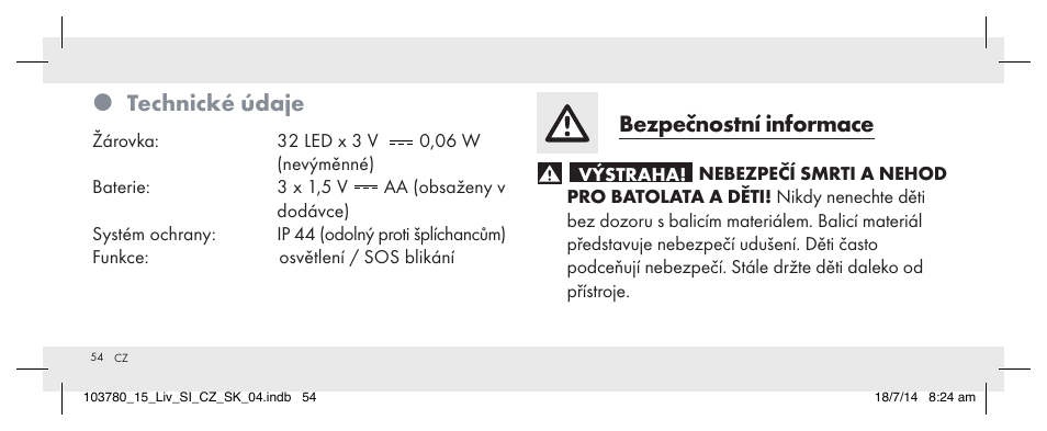 Technické údaje, Bezpečnostní informace | Livarno 103780-14-01 User Manual | Page 54 / 88