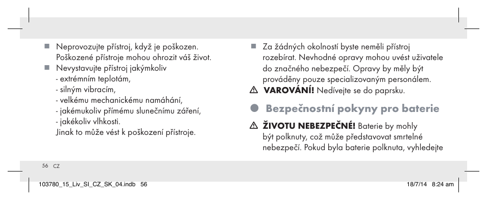 Bezpečnostní pokyny pro baterie | Livarno 103780-14-01 User Manual | Page 56 / 88