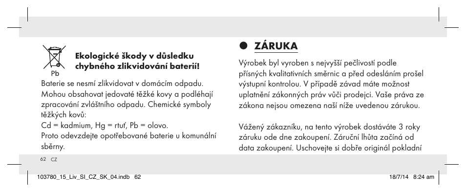 Záruka | Livarno 103780-14-01 User Manual | Page 62 / 88