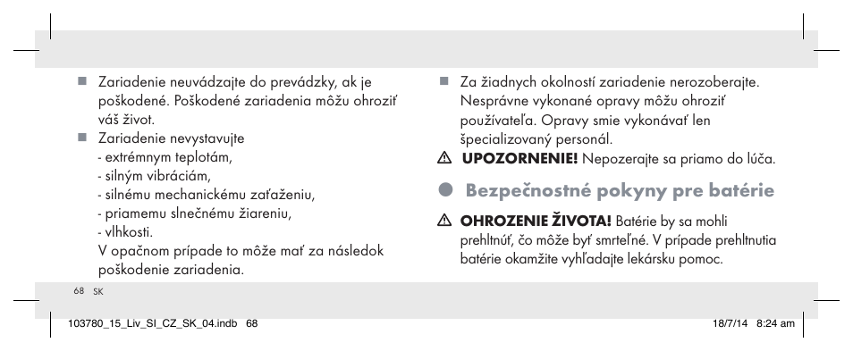 Bezpečnostné pokyny pre batérie | Livarno 103780-14-01 User Manual | Page 68 / 88