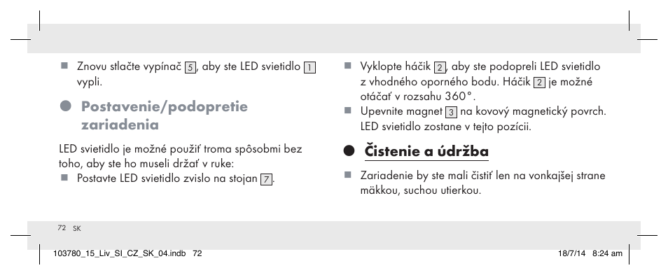 Postavenie/podopretie zariadenia, Čistenie a údržba | Livarno 103780-14-01 User Manual | Page 72 / 88