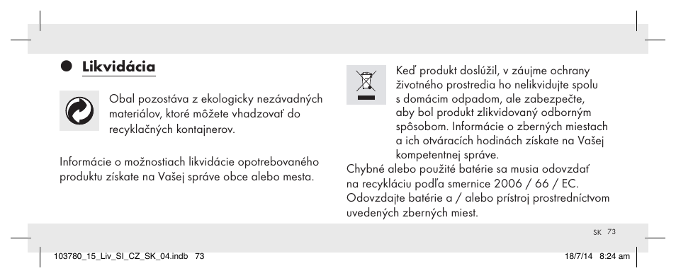 Likvidácia | Livarno 103780-14-01 User Manual | Page 73 / 88