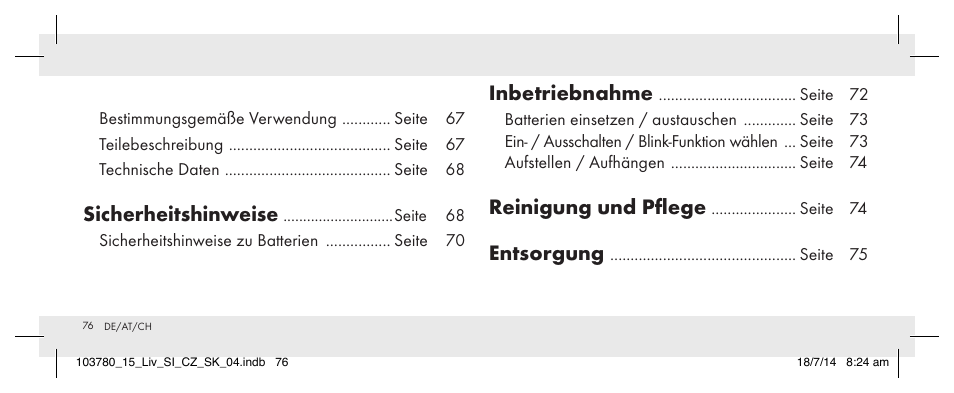 Sicherheitshinweise, Inbetriebnahme, Reinigung und pflege | Entsorgung | Livarno 103780-14-01 User Manual | Page 76 / 88