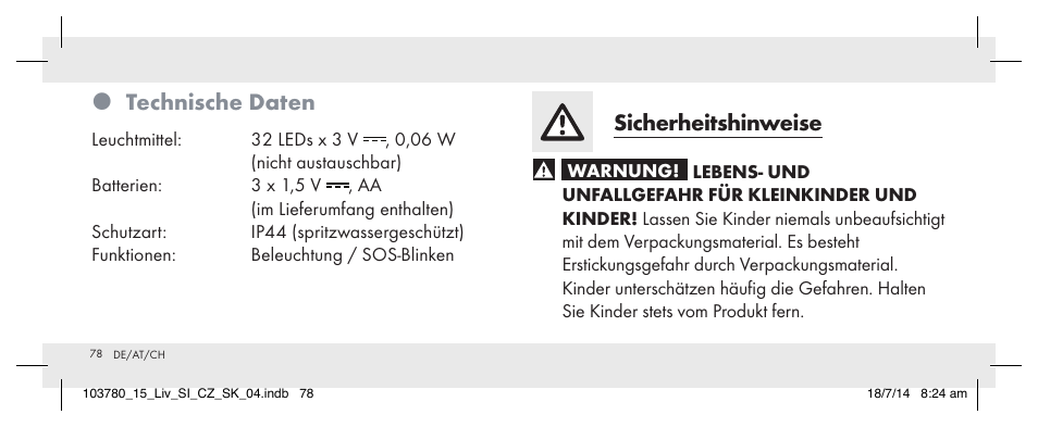 Technische daten, Sicherheitshinweise | Livarno 103780-14-01 User Manual | Page 78 / 88