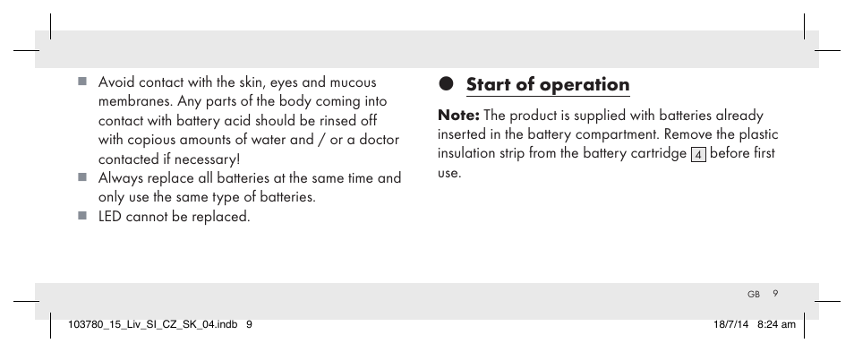 Start of operation | Livarno 103780-14-01 User Manual | Page 9 / 88