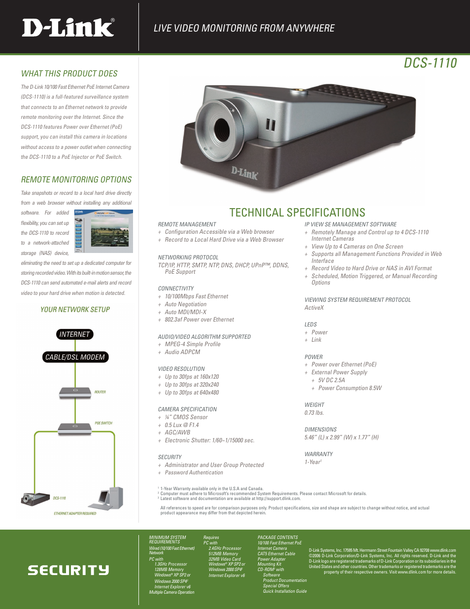 Dcs-1110, Technical specifications, Live video monitoring from anywhere | What this product does, Remote monitoring options | D-Link DCS-1110 User Manual | Page 2 / 2