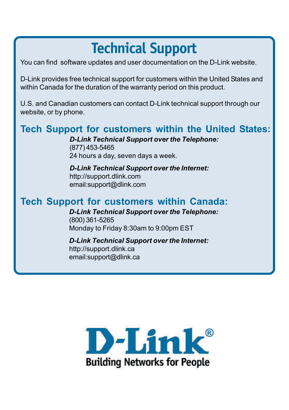 Technical support, Tech support for customers within canada | D-Link DI-624 User Manual | Page 12 / 12