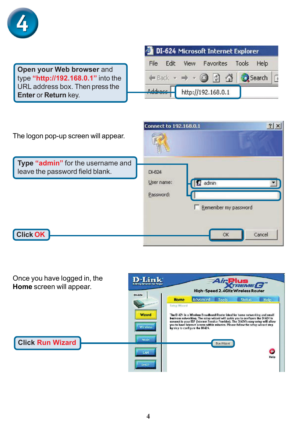 Using the setup wizard | D-Link DI-624 User Manual | Page 4 / 12