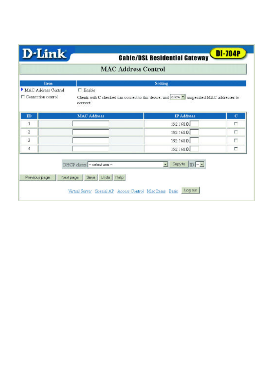 Mac address control | D-Link DI-704P User Manual | Page 26 / 47