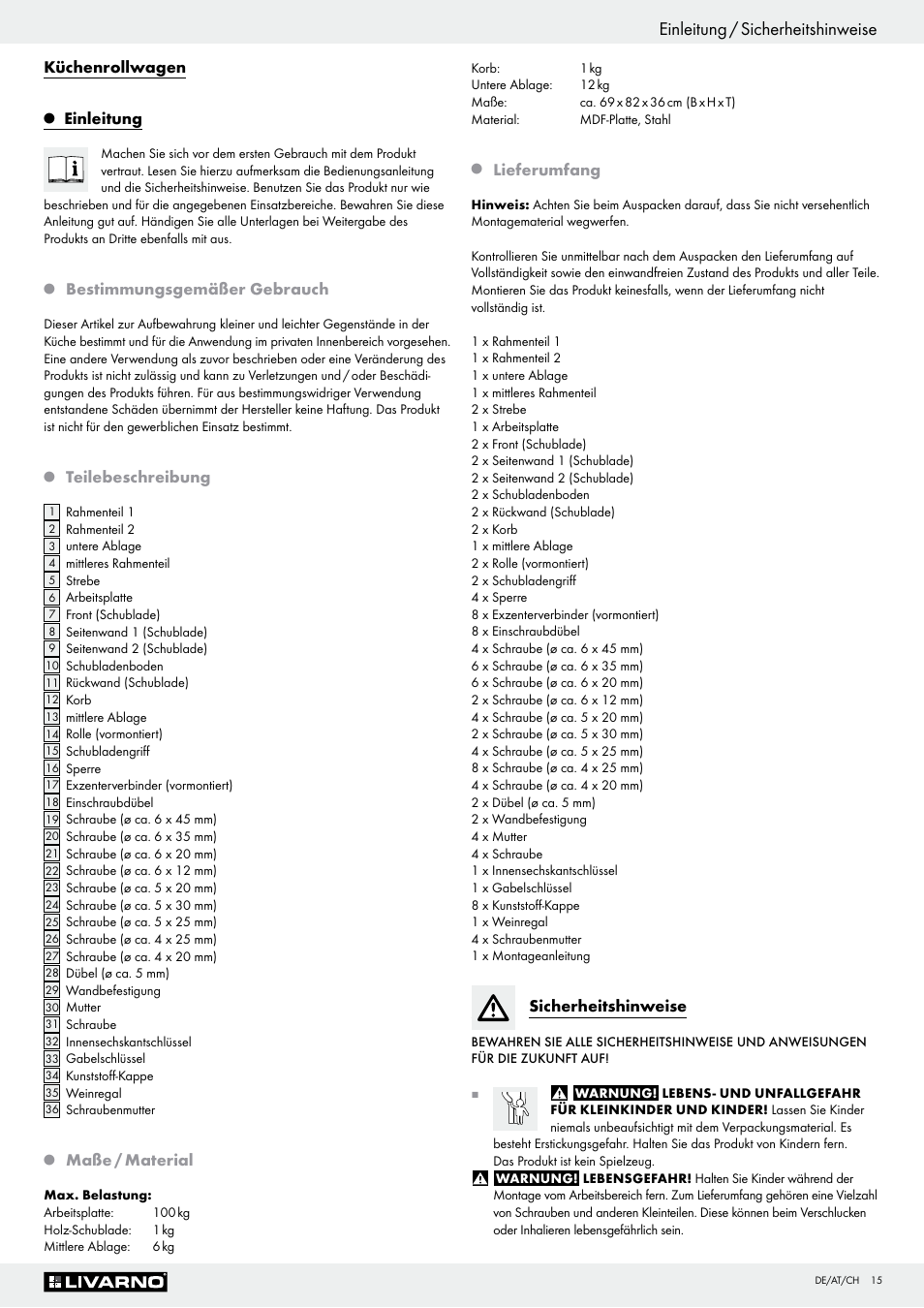 Einleitung / sicherheitshinweise, Küchenrollwagen, Einleitung | Bestimmungsgemäßer gebrauch, Teilebeschreibung, Maße / material, Lieferumfang, Sicherheitshinweise | Livarno Z29705 User Manual | Page 15 / 19