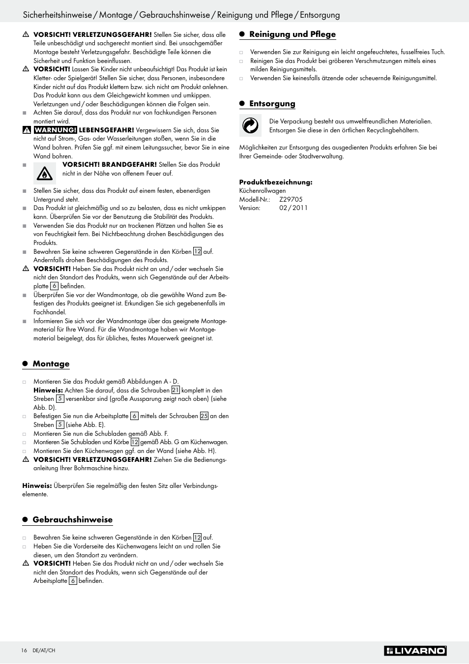 Livarno Z29705 User Manual | Page 16 / 19