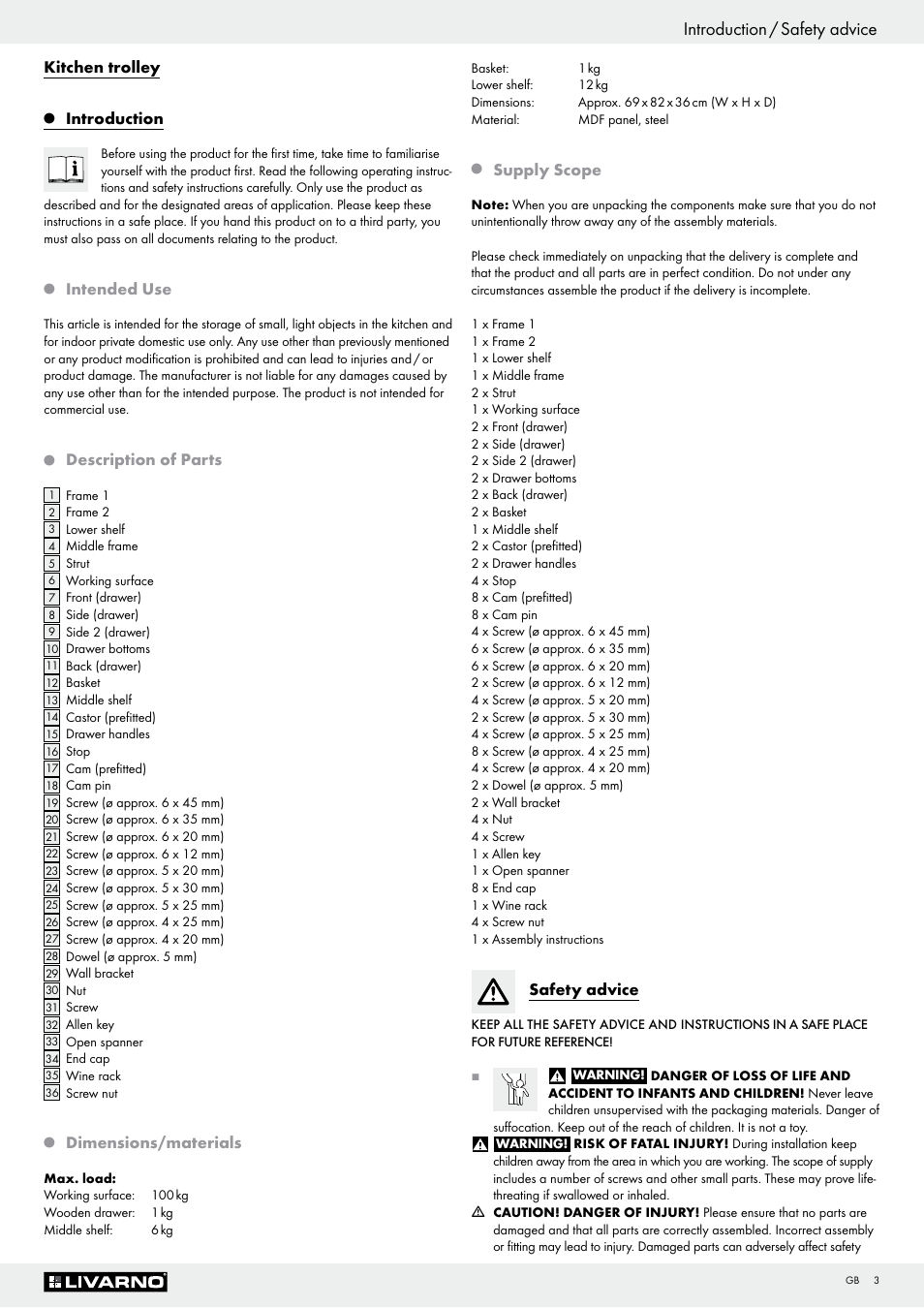 Introduction / safety advice, Kitchen trolley, Introduction | Intended use, Description of parts, Dimensions/materials, Supply scope, Safety advice | Livarno Z29705 User Manual | Page 3 / 19