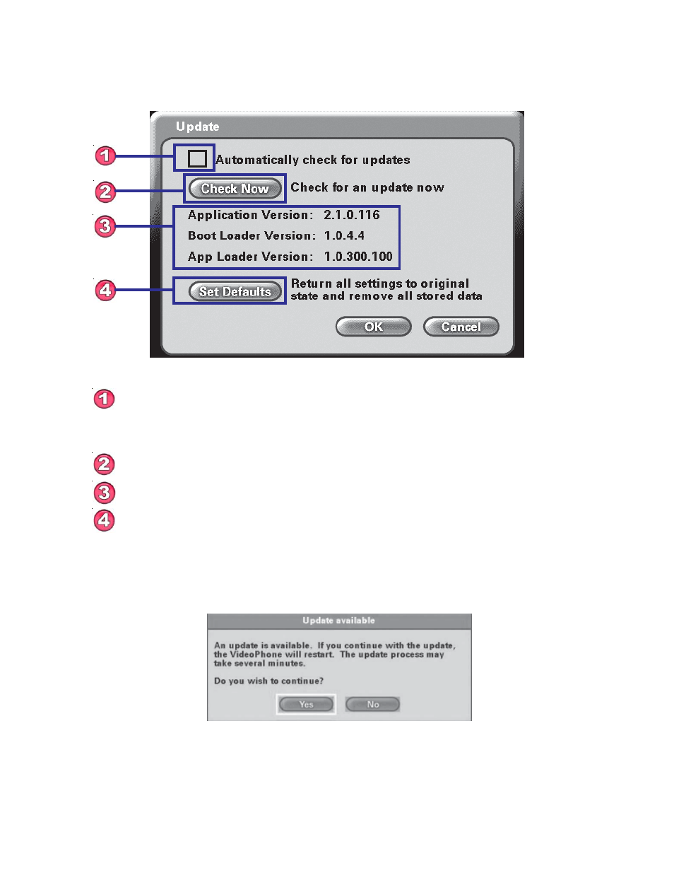 Using the configuration menu (continued), Main screen > settings > update | D-Link DVC-1000 User Manual | Page 38 / 69