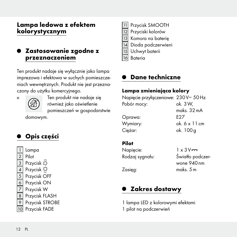 Lampa ledowa z efektem kolorystycznym, Zastosowanie zgodne z przeznaczeniem, Opis części | Dane techniczne, Zakres dostawy | Livarno 102631-14-01 User Manual | Page 12 / 48