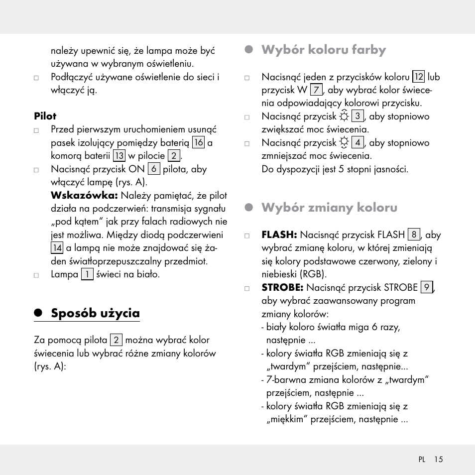 Sposób użycia, Wybór koloru farby, Wybór zmiany koloru | Livarno 102631-14-01 User Manual | Page 15 / 48