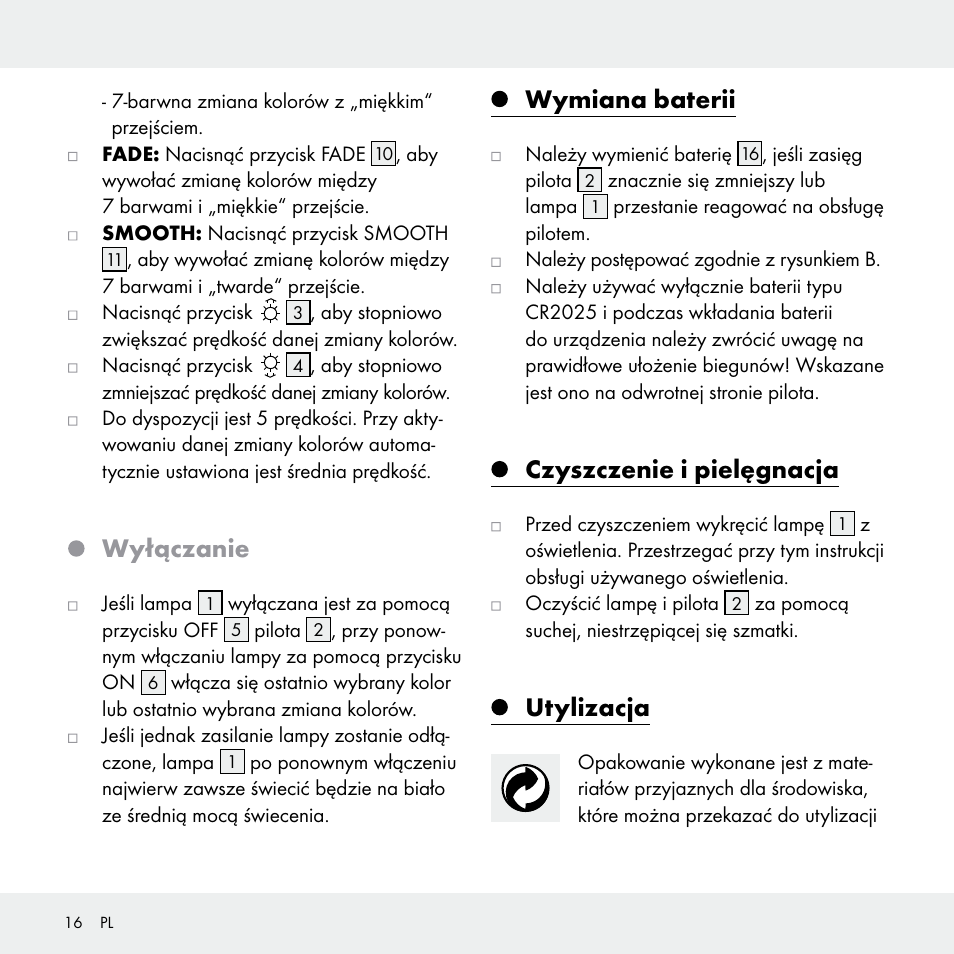 Wyłączanie, Wymiana baterii, Czyszczenie i pielęgnacja | Utylizacja | Livarno 102631-14-01 User Manual | Page 16 / 48