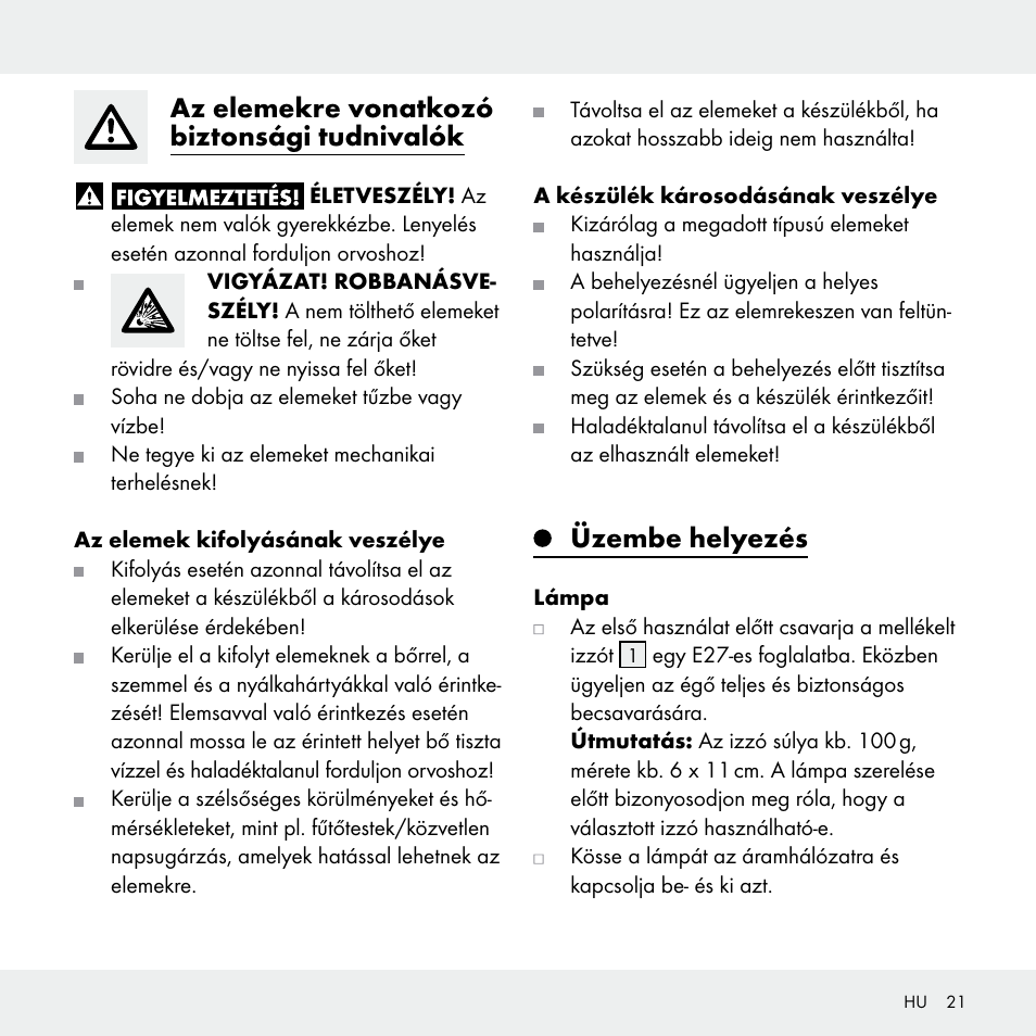 Az elemekre vonatkozó biztonsági tudnivalók, Üzembe helyezés | Livarno 102631-14-01 User Manual | Page 21 / 48