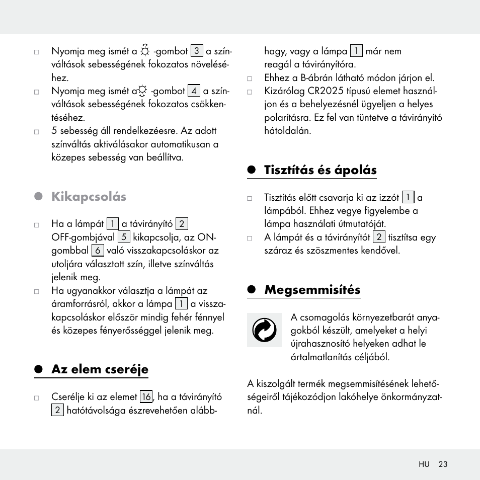 Kikapcsolás, Az elem cseréje, Tisztítás és ápolás | Megsemmisítés | Livarno 102631-14-01 User Manual | Page 23 / 48