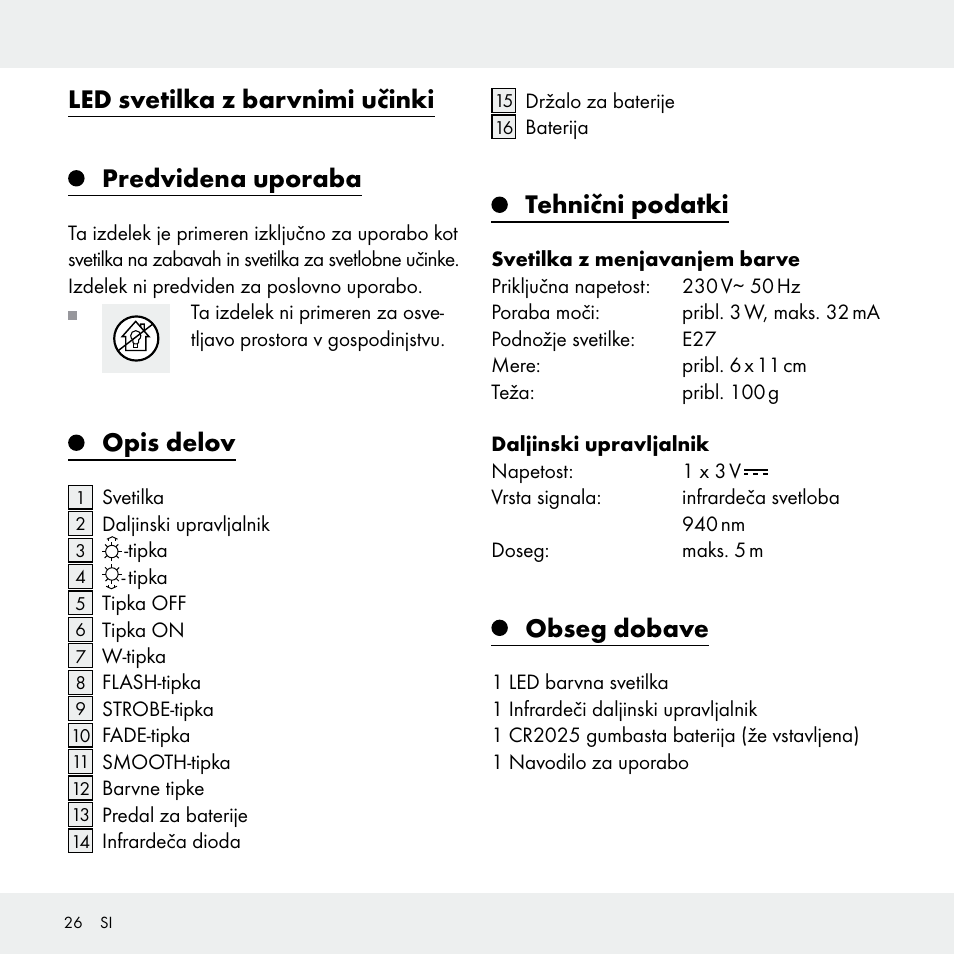 Led svetilka z barvnimi učinki, Predvidena uporaba, Opis delov | Tehnični podatki, Obseg dobave | Livarno 102631-14-01 User Manual | Page 26 / 48