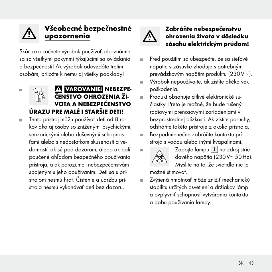 Všeobecné bezpečnostné upozornenia | Livarno 102631-14-01 User Manual | Page 43 / 48