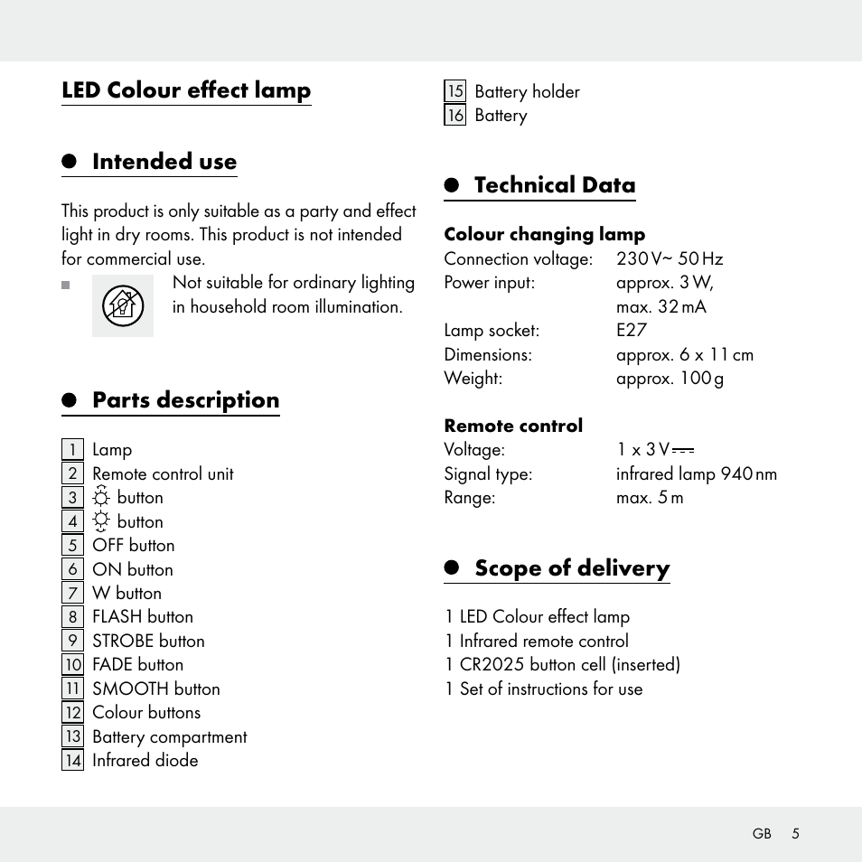 Led colour effect lamp, Intended use, Parts description | Technical data, Scope of delivery | Livarno 102631-14-01 User Manual | Page 5 / 48