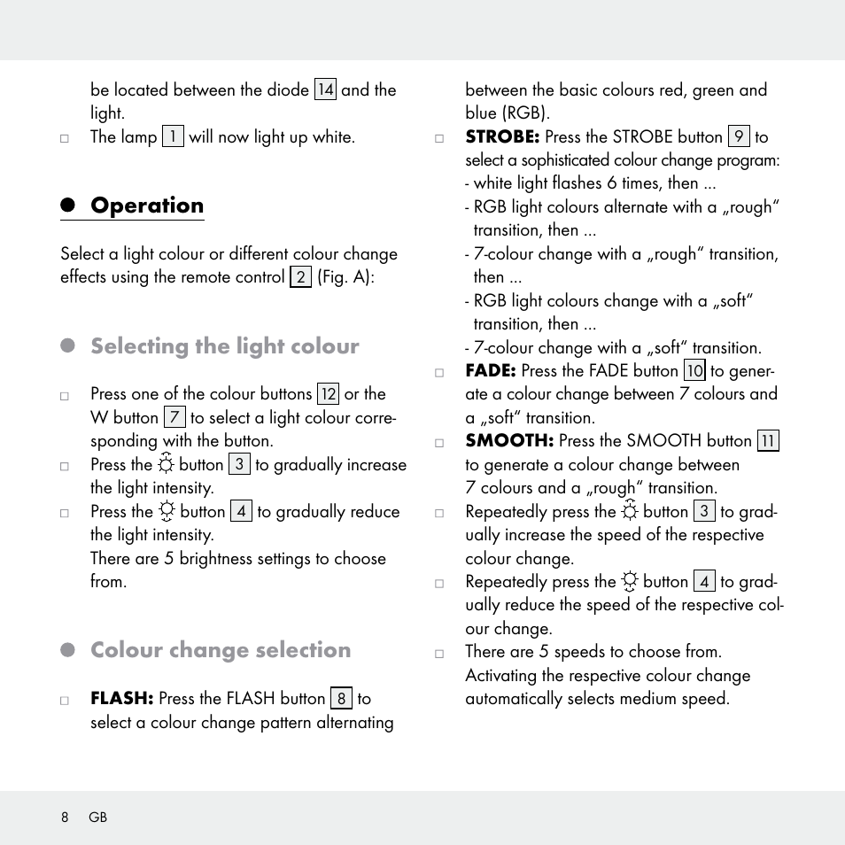 Operation, Selecting the light colour, Colour change selection | Livarno 102631-14-01 User Manual | Page 8 / 48