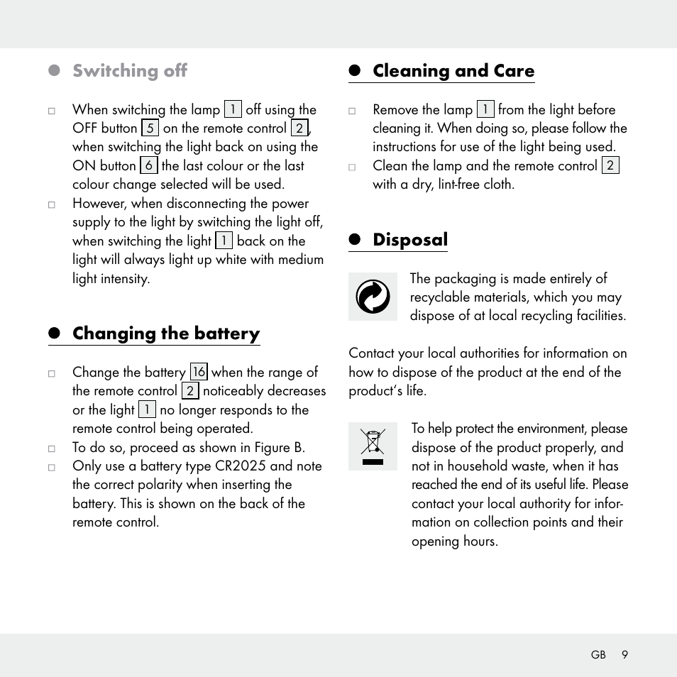 Switching off, Changing the battery, Cleaning and care | Disposal | Livarno 102631-14-01 User Manual | Page 9 / 48