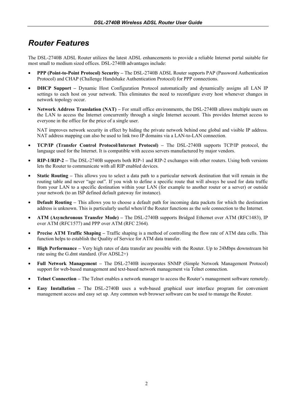 Router features | D-Link DSL 2740B User Manual | Page 12 / 115