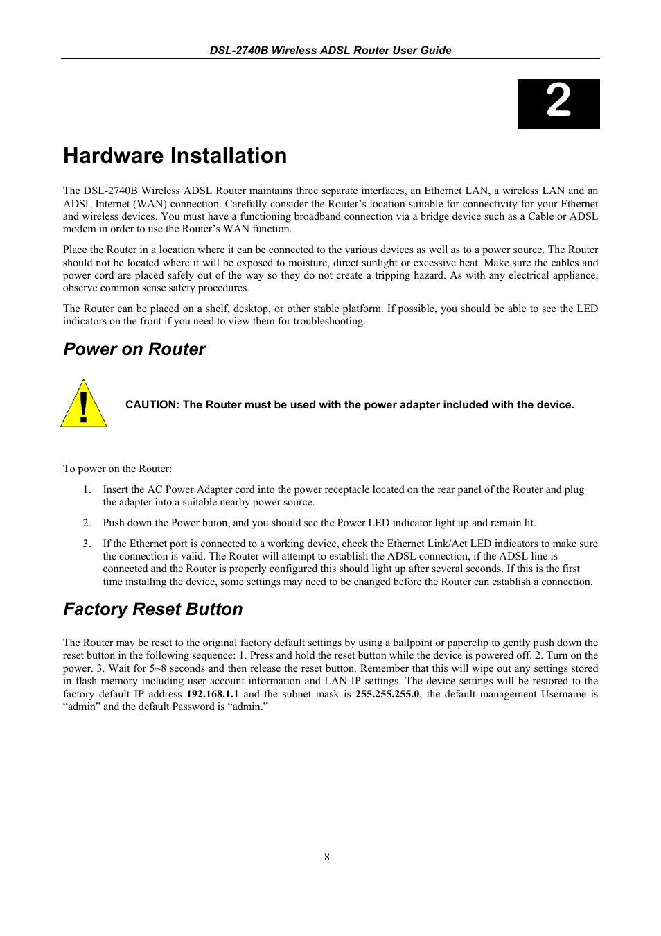 Hardware installation, Power on router, Factory reset button | D-Link DSL 2740B User Manual | Page 18 / 115