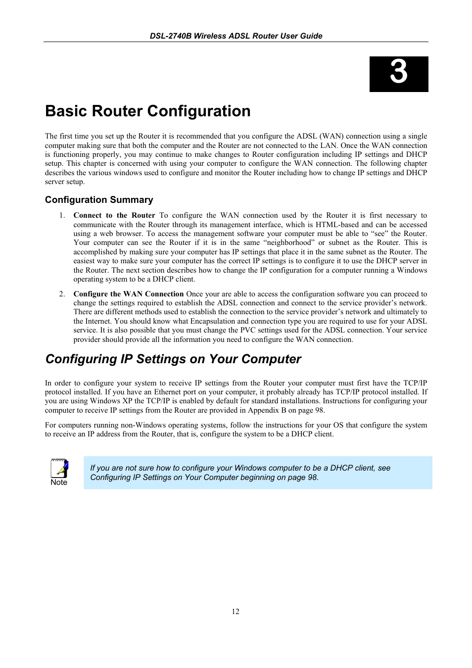 Basic router configuration, Configuring ip settings on your computer | D-Link DSL 2740B User Manual | Page 22 / 115