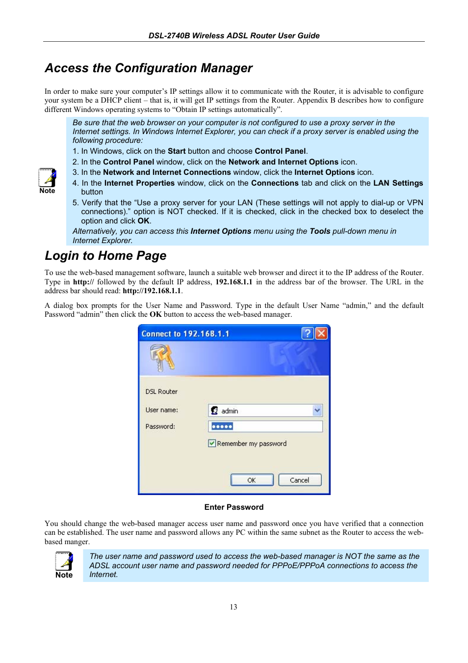 Access the configuration manager, Login to home page | D-Link DSL 2740B User Manual | Page 23 / 115