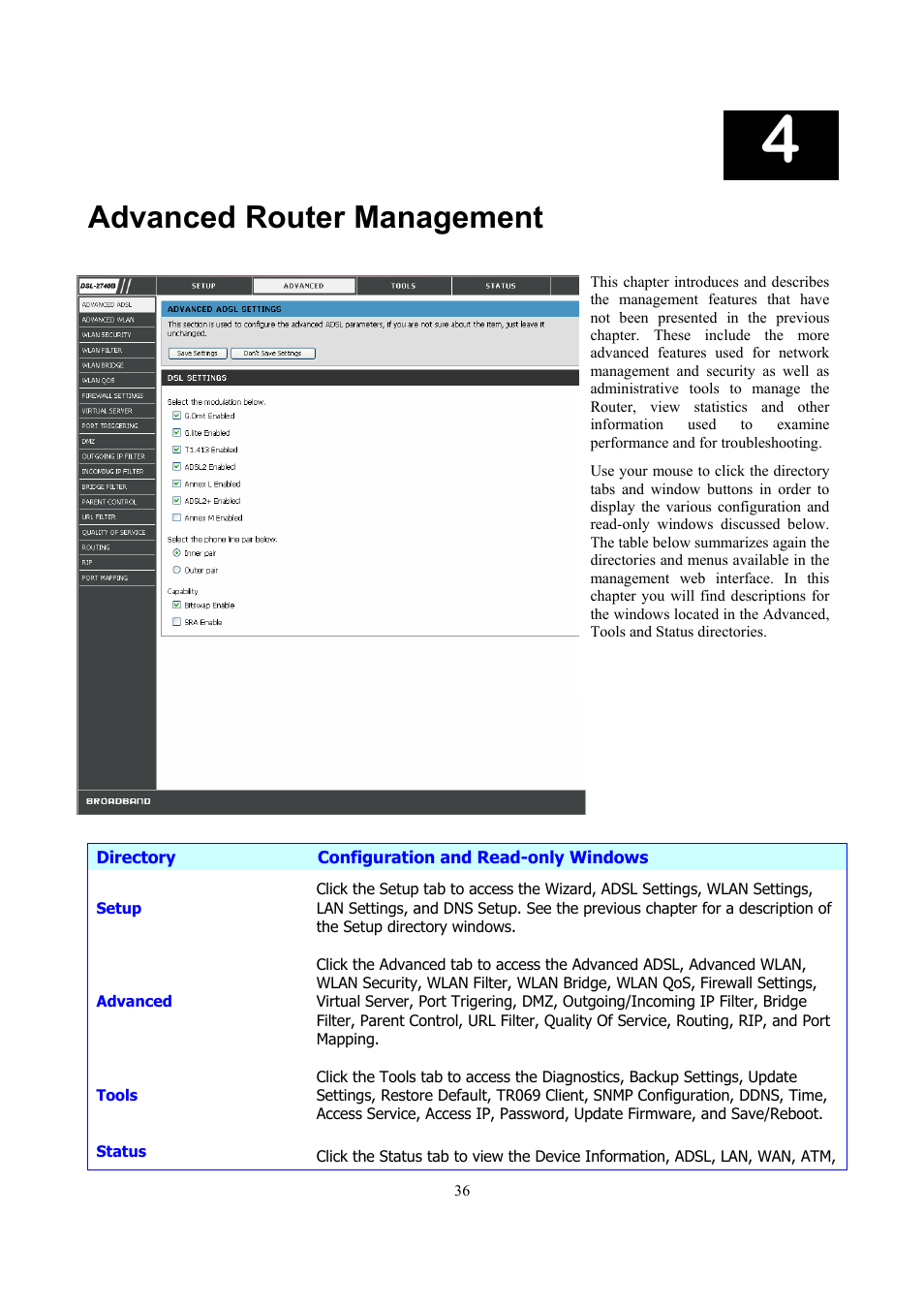 Advanced router management | D-Link DSL 2740B User Manual | Page 46 / 115