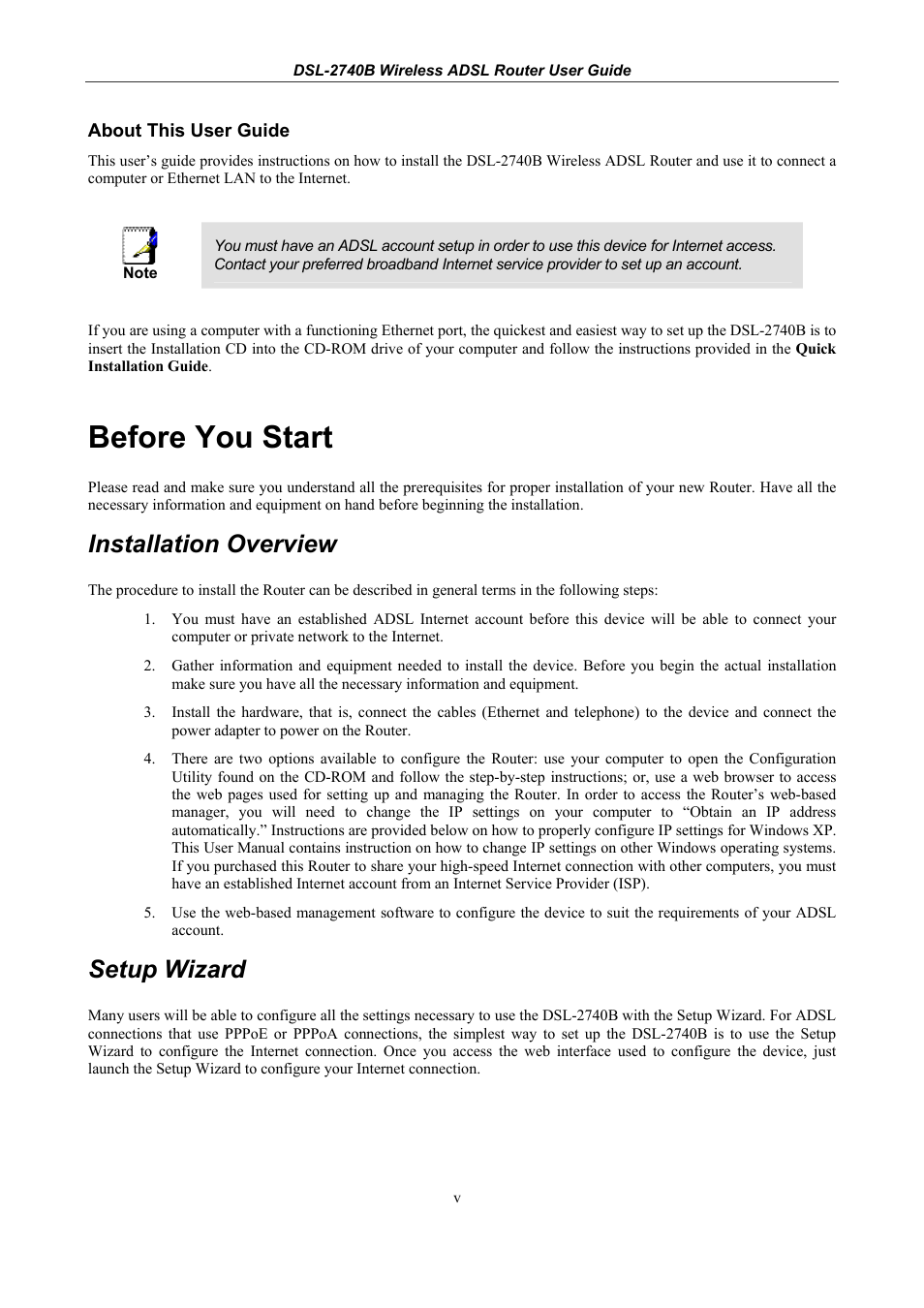Before you start, Installation overview, Setup wizard | D-Link DSL 2740B User Manual | Page 6 / 115