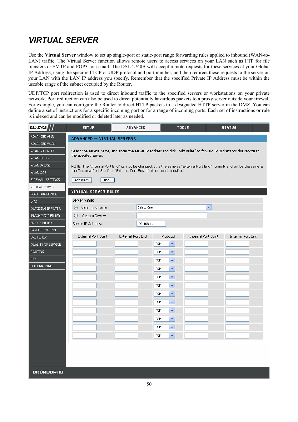 Virtual server | D-Link DSL 2740B User Manual | Page 60 / 115