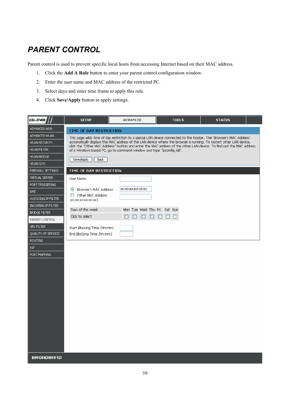 Parent control | D-Link DSL 2740B User Manual | Page 69 / 115