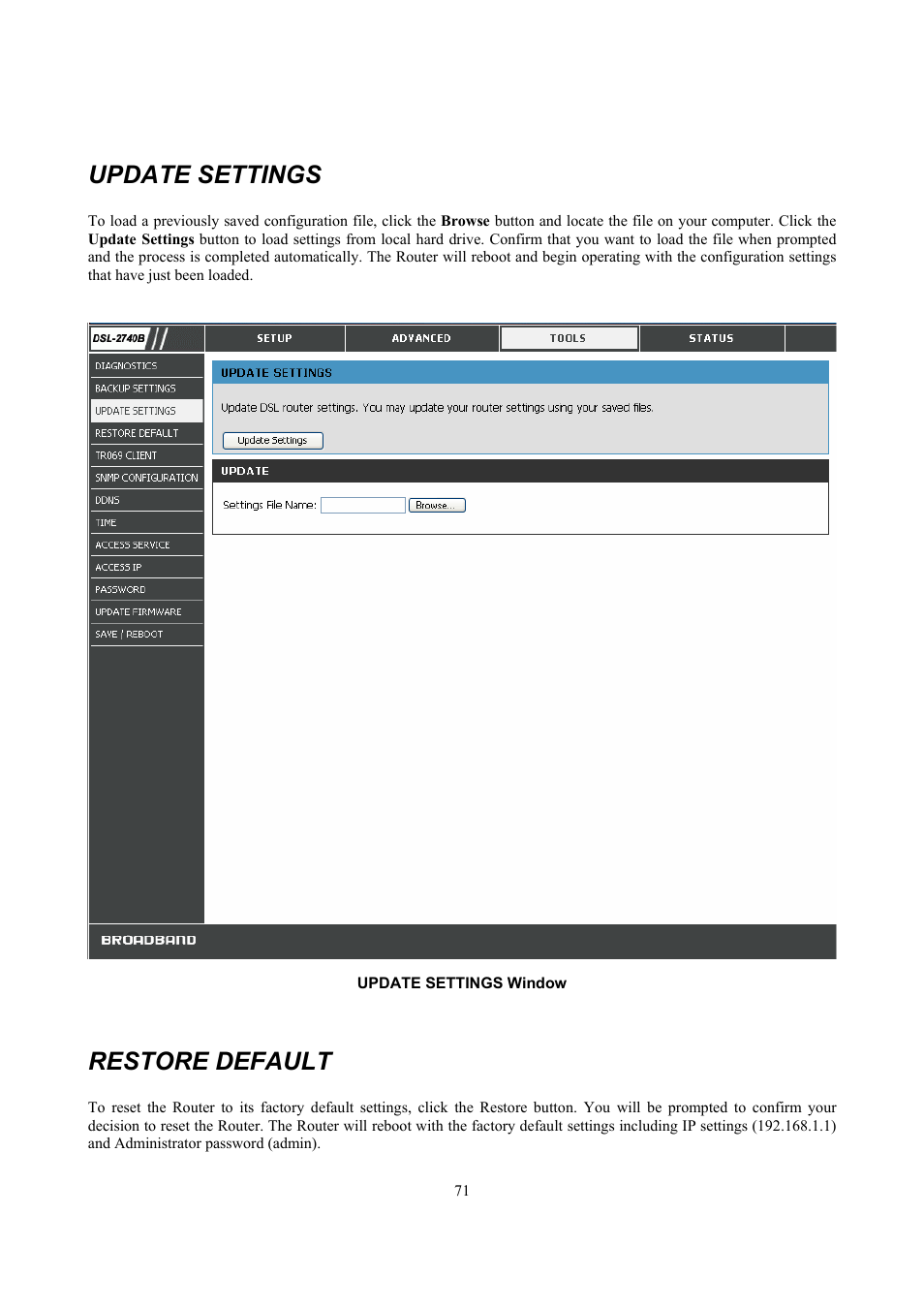 Update settings, Restore default | D-Link DSL 2740B User Manual | Page 81 / 115