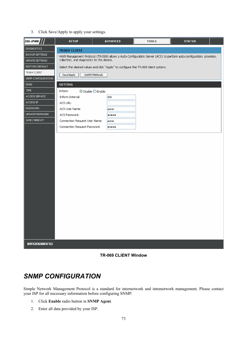 Snmp configuration | D-Link DSL 2740B User Manual | Page 83 / 115