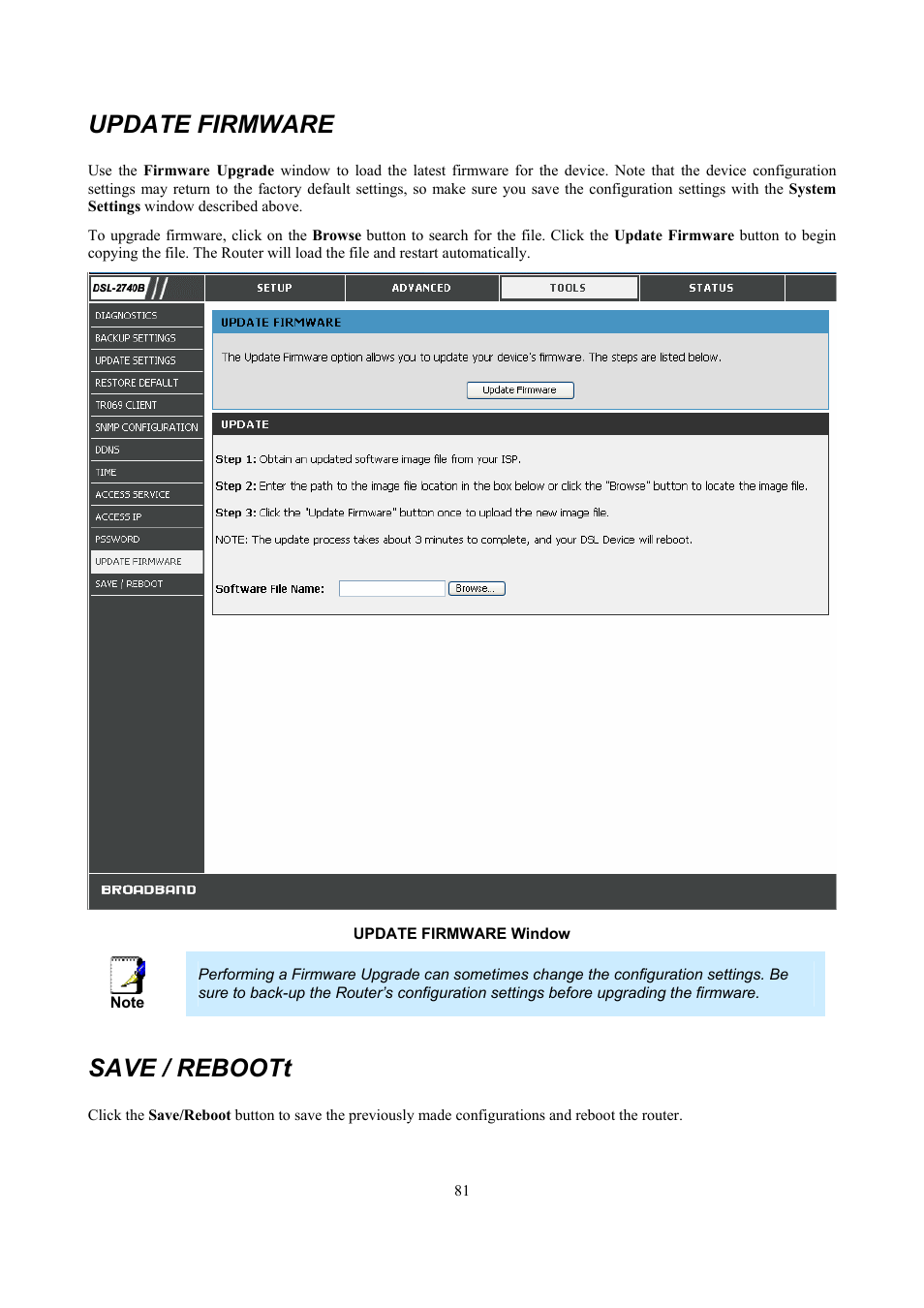 Update firmware, Save / reboott | D-Link DSL 2740B User Manual | Page 91 / 115