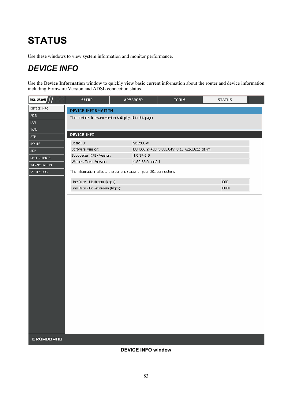 Status, Device info | D-Link DSL 2740B User Manual | Page 93 / 115