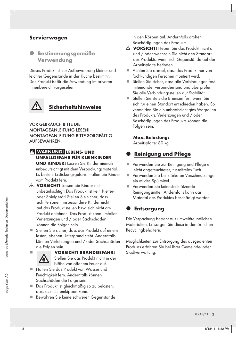 Servierwagen  bestimmungsgemäße verwendung, Sicherheitshinweise, Reinigung und pflege | Entsorgung | Livarno Z11086 User Manual | Page 3 / 9