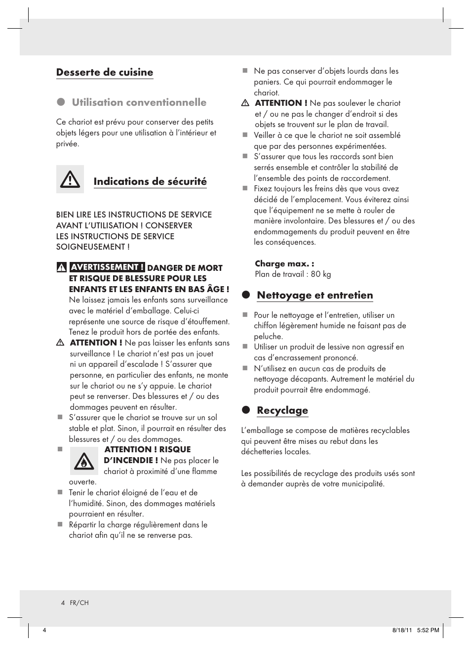 Desserte de cuisine  utilisation conventionnelle, Indications de sécurité, Nettoyage et entretien | Recyclage | Livarno Z11086 User Manual | Page 4 / 9