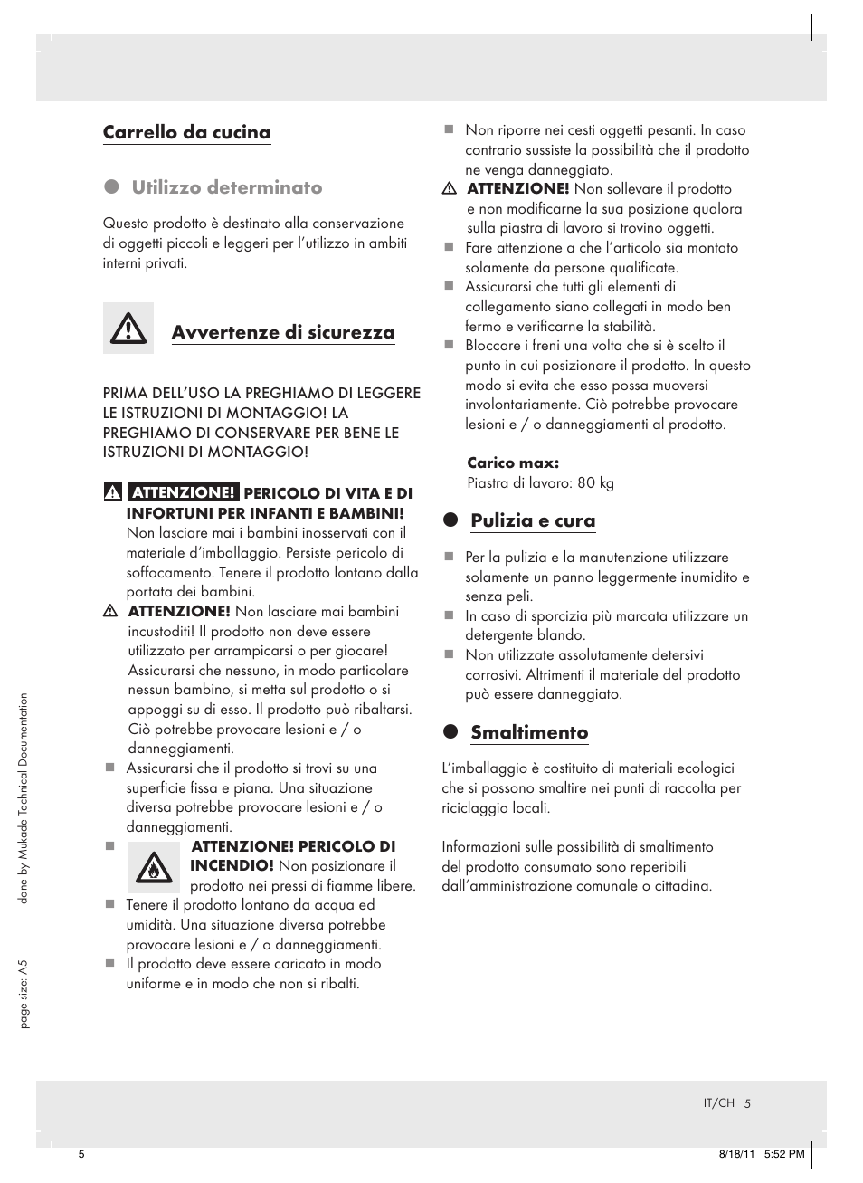 Carrello da cucina  utilizzo determinato, Avvertenze di sicurezza, Pulizia e cura | Smaltimento | Livarno Z11086 User Manual | Page 5 / 9