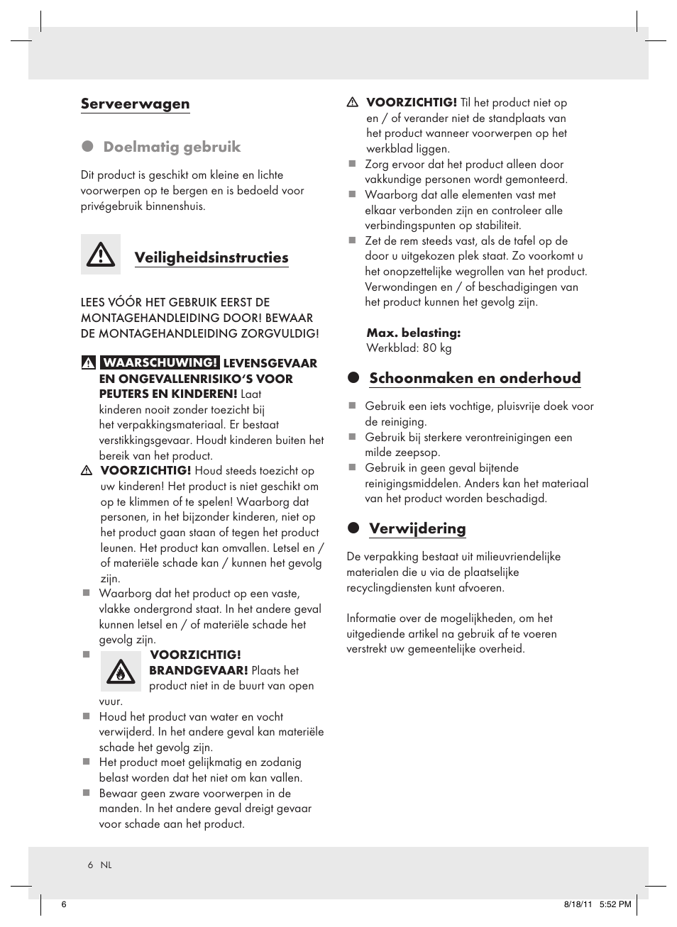 Serveerwagen  doelmatig gebruik, Veiligheidsinstructies, Schoonmaken en onderhoud | Verwijdering | Livarno Z11086 User Manual | Page 6 / 9