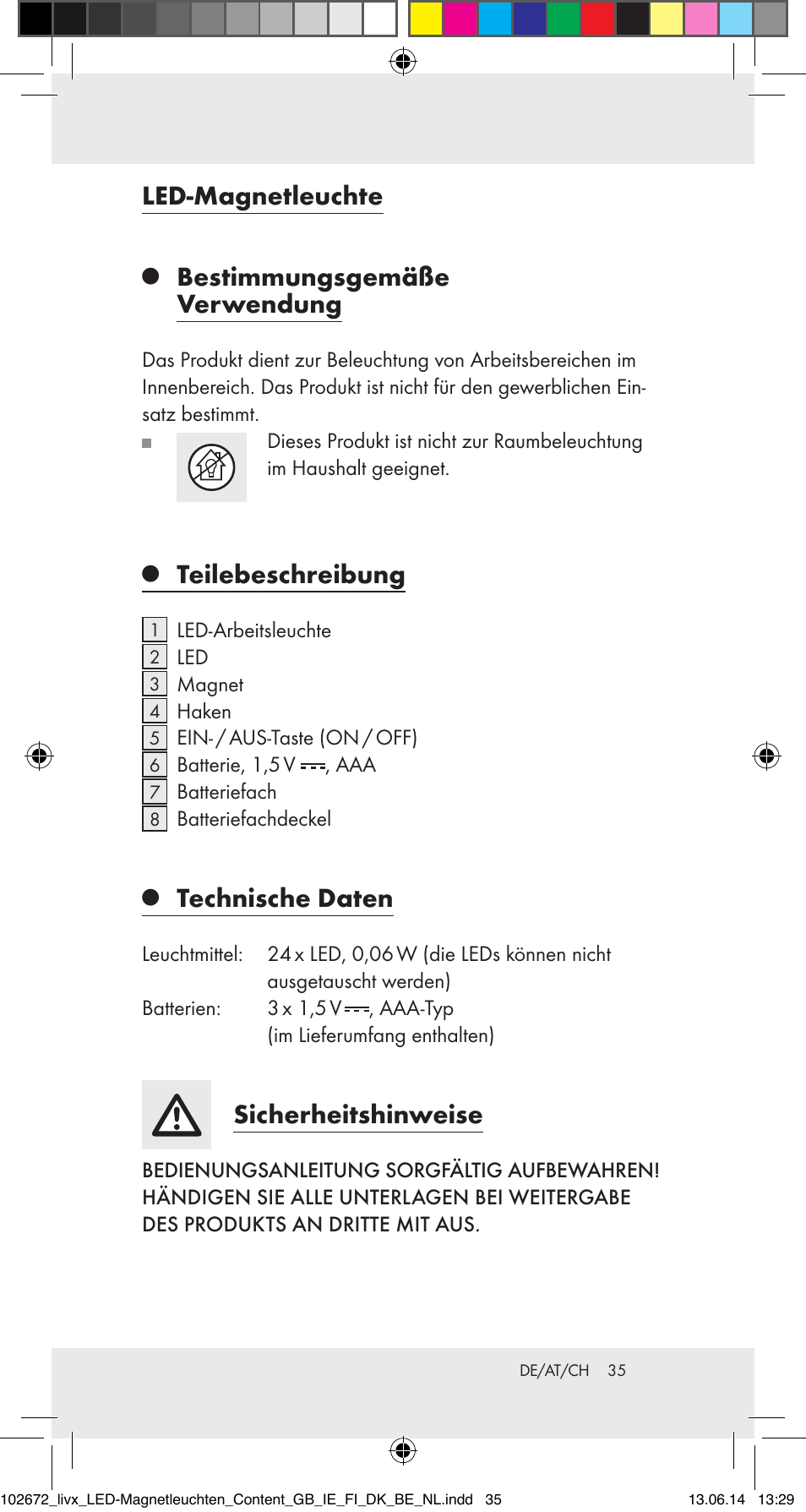 Led-magnetleuchte, Bestimmungsgemäße verwendung, Teilebeschreibung | Technische daten, Sicherheitshinweise | Livarno 102672-14-01/102672-14-02/ 102672-14-03 User Manual | Page 35 / 40