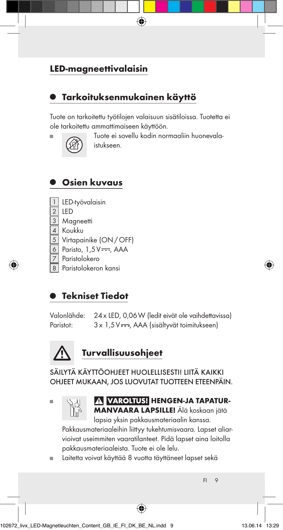 Led-magneettivalaisin, Tarkoituksenmukainen käyttö, Osien kuvaus | Tekniset tiedot, Turvallisuusohjeet | Livarno 102672-14-01/102672-14-02/ 102672-14-03 User Manual | Page 9 / 40