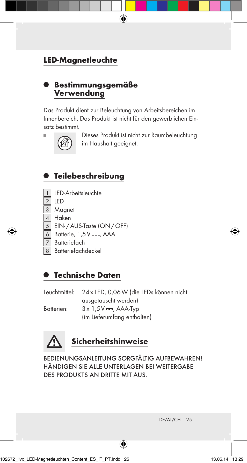 Led-magnetleuchte, Bestimmungsgemäße verwendung, Teilebeschreibung | Technische daten, Sicherheitshinweise | Livarno 102672-14-01/102672-14-02/ 102672-14-03 User Manual | Page 25 / 30