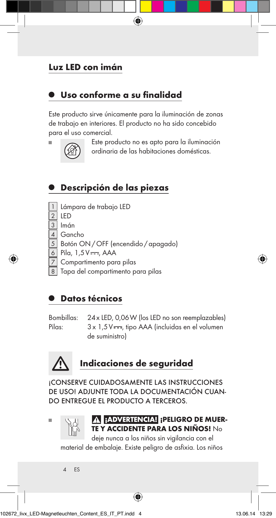 Luz led con imán, Uso conforme a su finalidad, Descripción de las piezas | Datos técnicos, Indicaciones de seguridad | Livarno 102672-14-01/102672-14-02/ 102672-14-03 User Manual | Page 4 / 30
