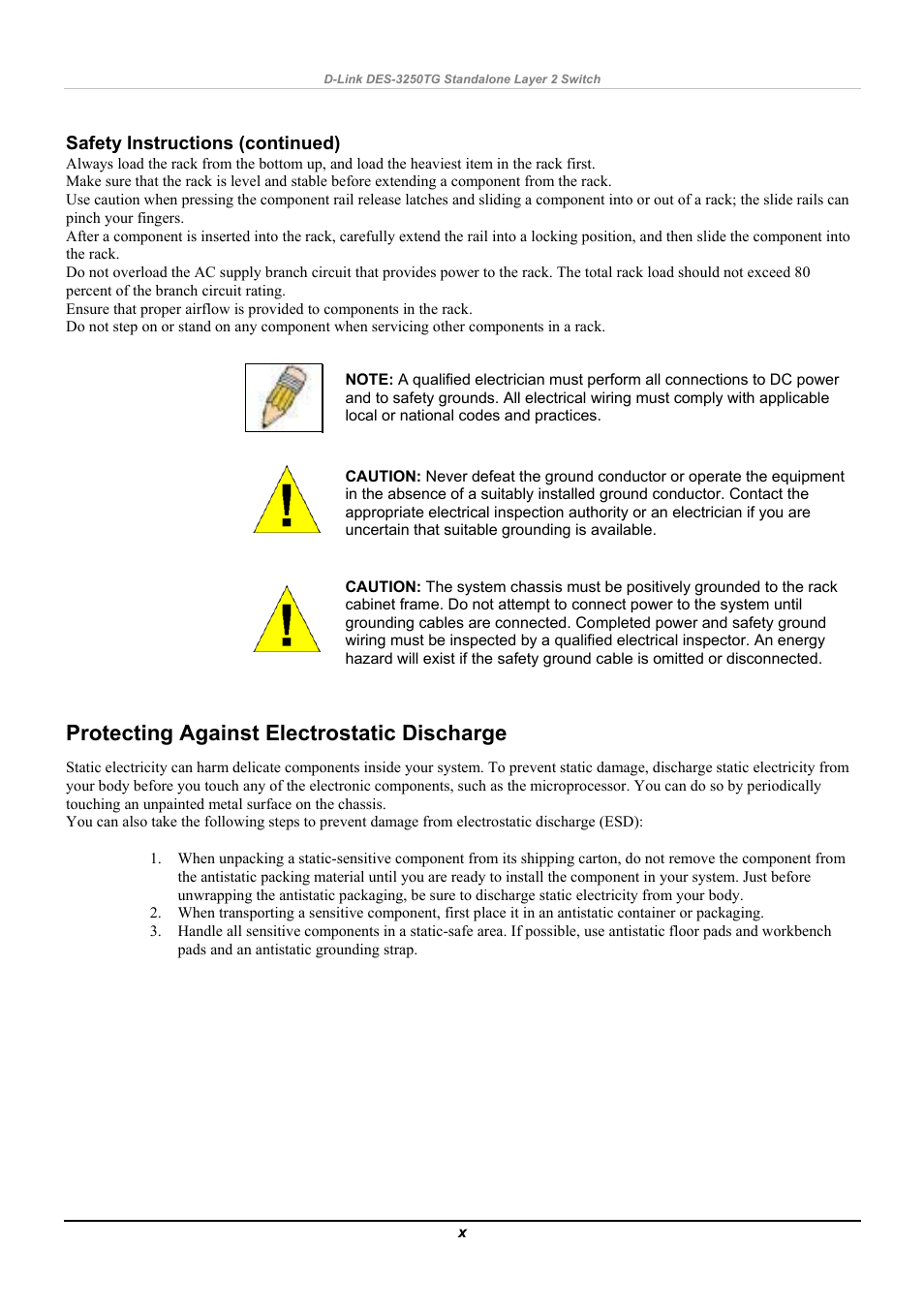 Protecting against electrostatic discharge, Safety instructions (continued) | D-Link DES-3250TG User Manual | Page 10 / 186